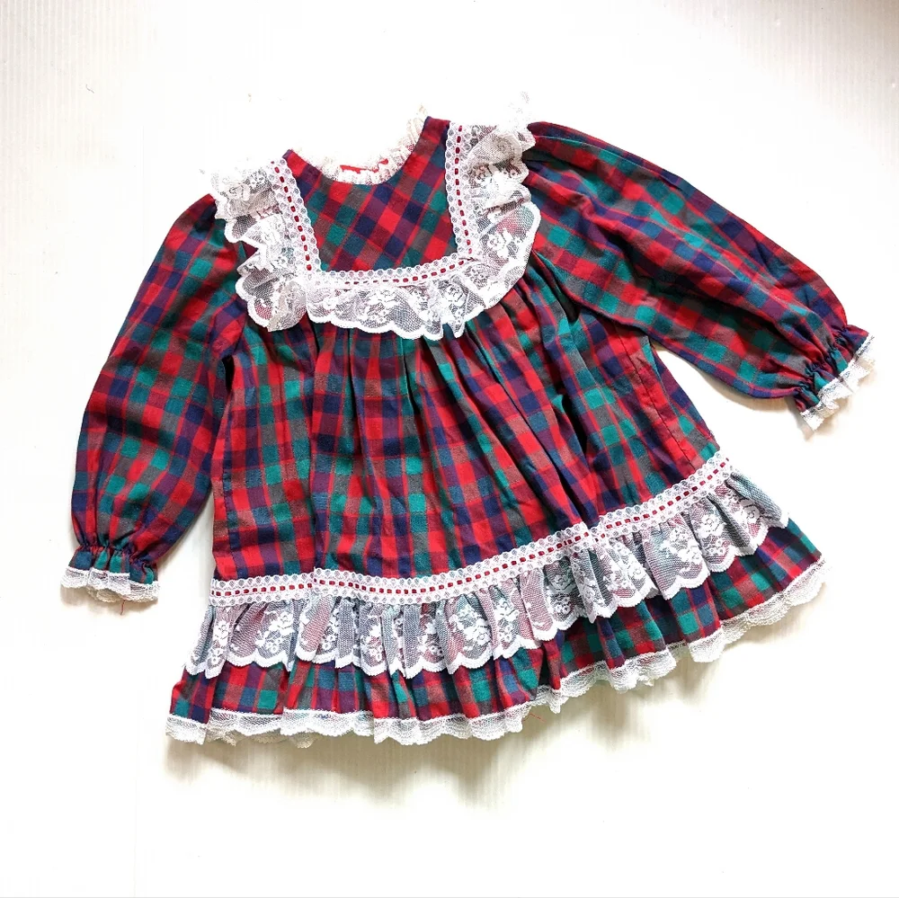 VINTAGE Bryan red plaid ruffles and lace full circle skirt girls dress 2t